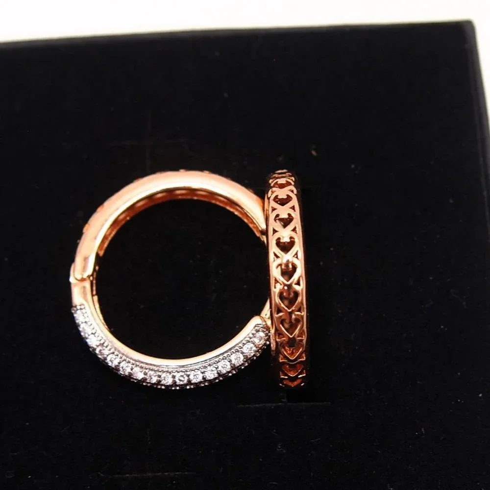Stunning 18k. Rose Gold Over Sterling Silver 25mm Round Hoop Earrings With CZ's
